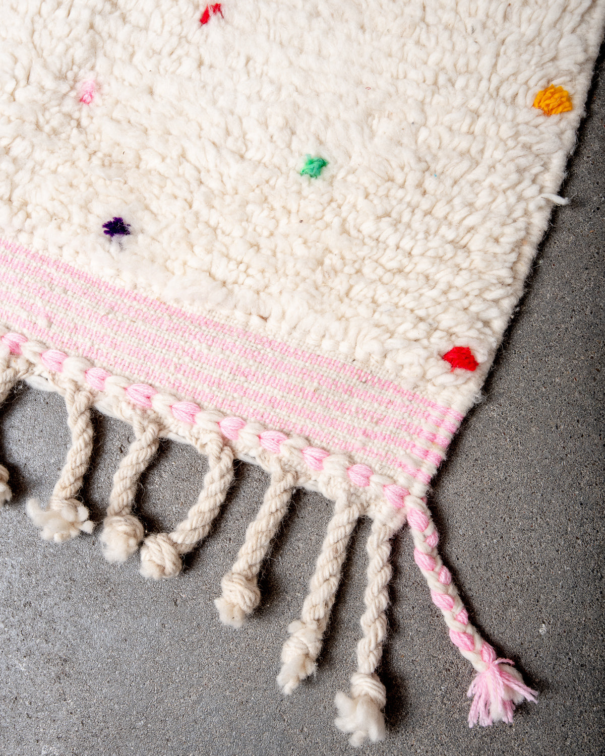 Modern, designer, handcrafted Berber rug from Morocco. Beniourain carpet with beautiful colours and patterns and fluffy wool texture.
